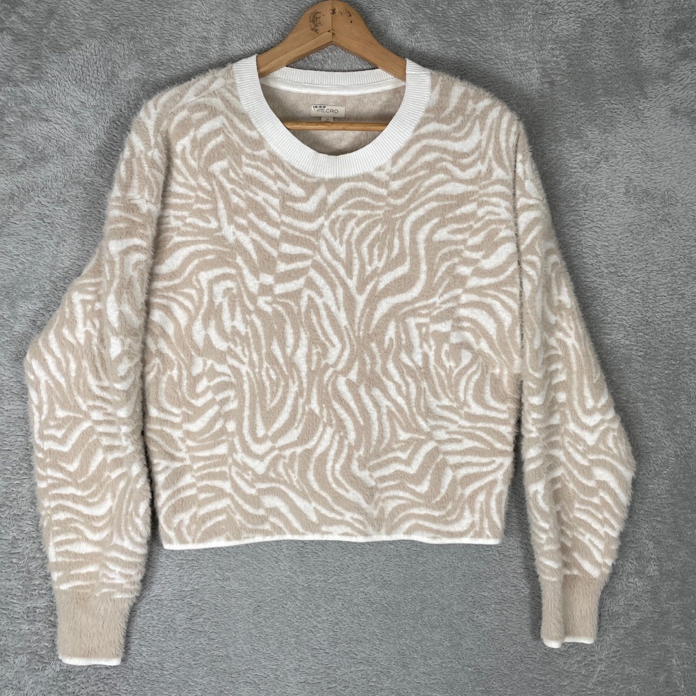 Pilcro Sweater‎ Womens XS Beige White Zebra Eyelash Knit Crewneck Fuzzy Pullover